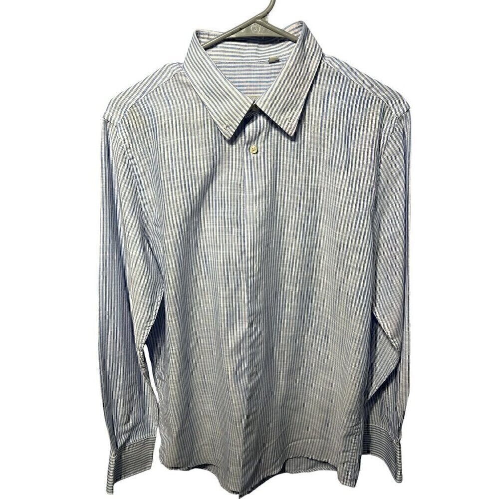 Lancellotti Mens Striped Long Sleeve Button-Up Shirt, 100% linen, med sheer, LG